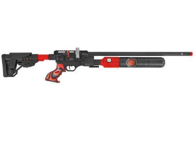 Rifle deportivo de aire PCP regulado Hatsan Factor RC edición rojo con botella de fibra de carbono y culata telescópica táctica.