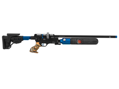 Rifle deportivo de aire PCP regulado Hatsan Factor RC edición azul con botella de fibra de carbono y culata telescópica táctica.
